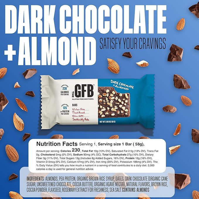 The GFB Dark Chocolate Almond Protein Bars - Gluten Free Plant Based Non GMO Sustainably Made – Ridiculously Tasty Healthy Vegan Nutrition Snack Protein Bars 2.05 oz (12 Count)