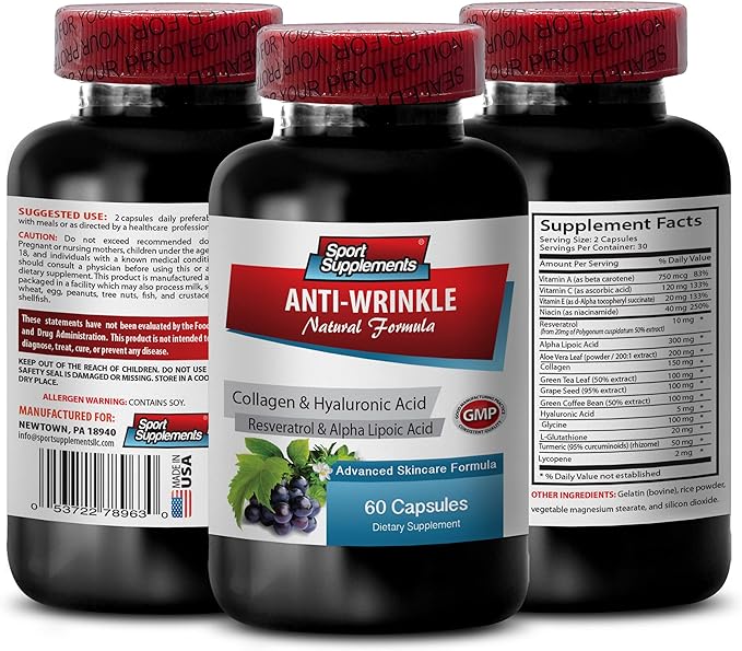 Resveratrol 250 - Anti-Wrinkle Pills - Anti aging skin care for women collagen anti wrinkle pills aloe vera juice for skin aloe vera capsules organic hauloronic acid vitamins 1 Bot 60 Capsules