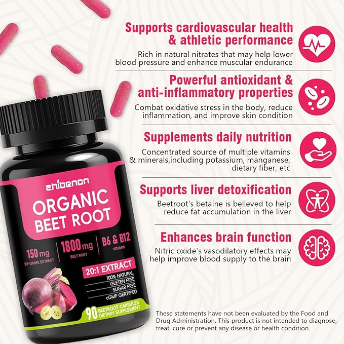 20:1 Organic Beet Root Capsules 1800 mg Beet Supplement 150mg BP Grape Extract &amp Vitamin B6 B12 Supports Nitric Oxide Production Health Circulation &amp Blood Flow Non-GMO 90 Capsules 30-Da