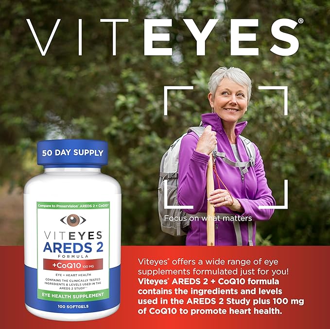 Viteyes AREDS 2 + CoQ10 Macular Support CoQ10 Vitamin E Vitamin C Lutein Zeaxanthin Zinc Copper Heart Health Eye Doctor Trusted Manufactured in The USA 100 Ct
