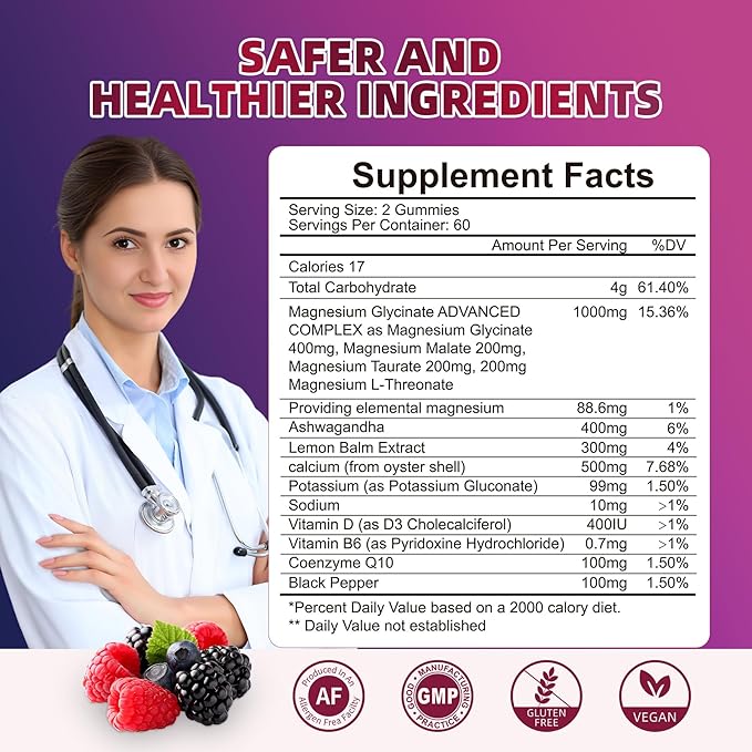 120 CT Magnesium Glycinate Gummies 1000 mg for Women and Men Magnesium Malate &amp Taurate Supplements for Sleep Body Support and Relaxation Sugar Free Vegan Raspberry BlackBerry Blueberry Flavo