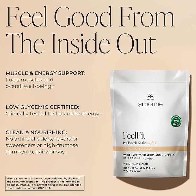 Arbonne Feelfit Pea Protein Shake - Daily Supplement Powder Vegan Protein for Support of Overall Health Energy and Well-Being Vanilla