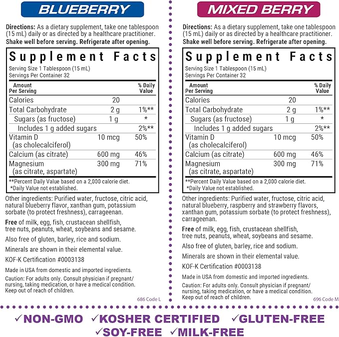 BlueBonnet Nutrition Liquid Calcium Citrate Magnesium Citrate Vitamin D3 Bone Health Gluten Free Soy Free Milk Free Kosher Blueberry and Mixed Berry Combo