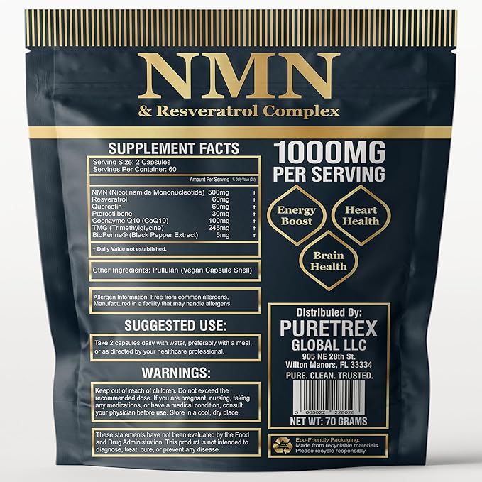 NMN &amp Resveratrol Complex 1000mg 120 Capsules Dietary Supplement with Pterostilbene Quercetin TMG Coenzyme Q10 BioPerine