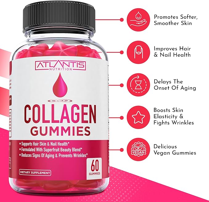 Atlantis Nutrition Collagen 60 Gummies + Sugar Free Prebiotic Fiber Gummies for Adults 2-Pack (120 Gummies)