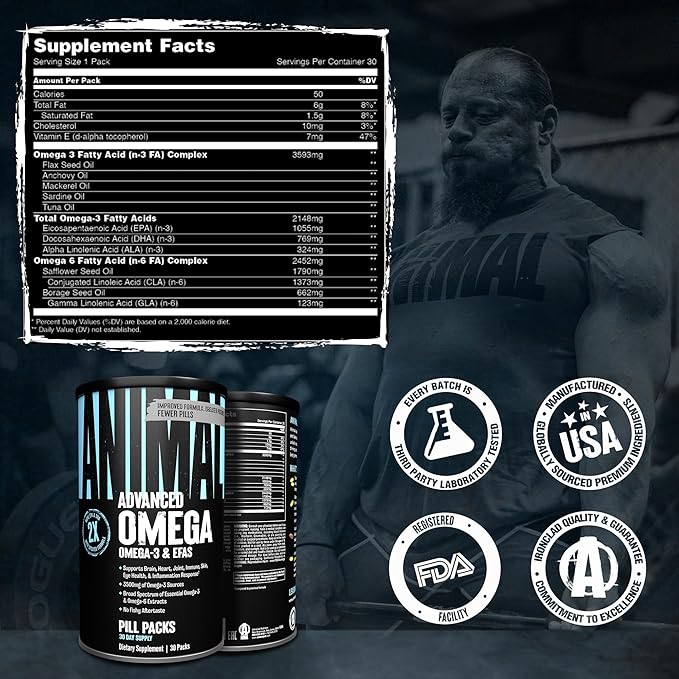 Animal Advanced Omega 3 Fatty Acids - 3500mg EPA DHA Fish Oil Omega 3 Supplement for Women &amp Men High Potency Blend with CLA GLA ALA for Brain Skin Eye Immune Joint Health 30 Pill Packs