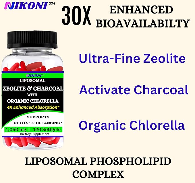Nikoni Liposomal Zeolite Activated Charcoal &amp Organic Chlorella Supports Full Body Detox - 120 Vegan Softgels