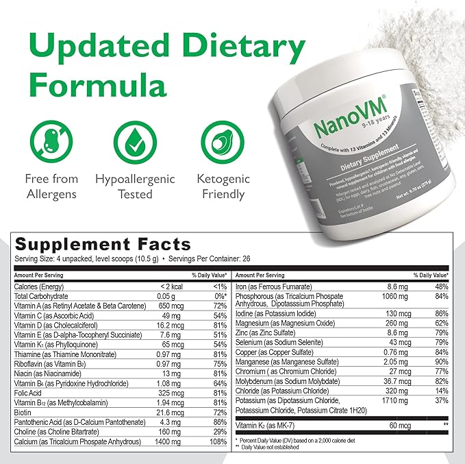 9-18 Years Allergen-Free Kids Multivitamin Unflavored Powdered Vitamins Multivitamin Powder with 13 Vitamins &amp 13 Minerals Low-Carbohydrate Vitamin Supplements 275g - Solace Nutrition