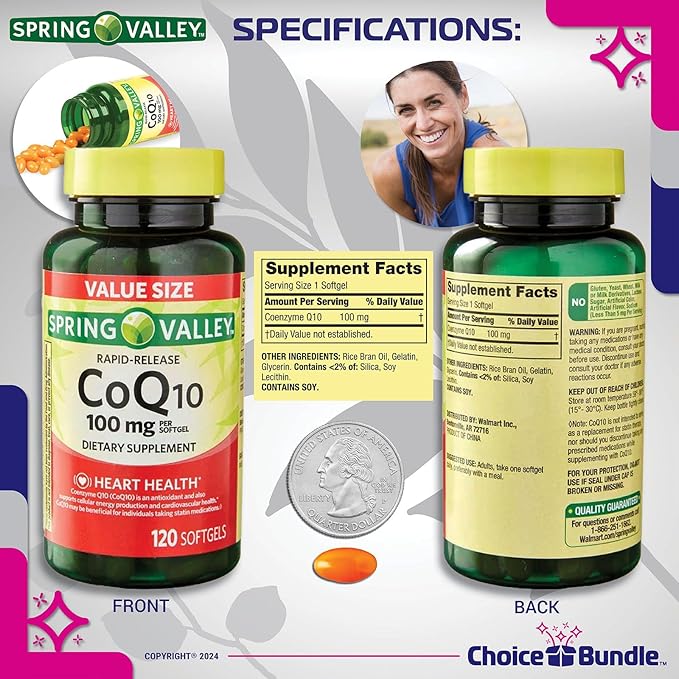 Choice Bundle Spring Valley Rapid-Release CoQ10 Coenzyme Q10 100 mg Softgels 120 CT 3 pk (360 Total) + Vitamin Guide &amp Pill Container (5 Items)!