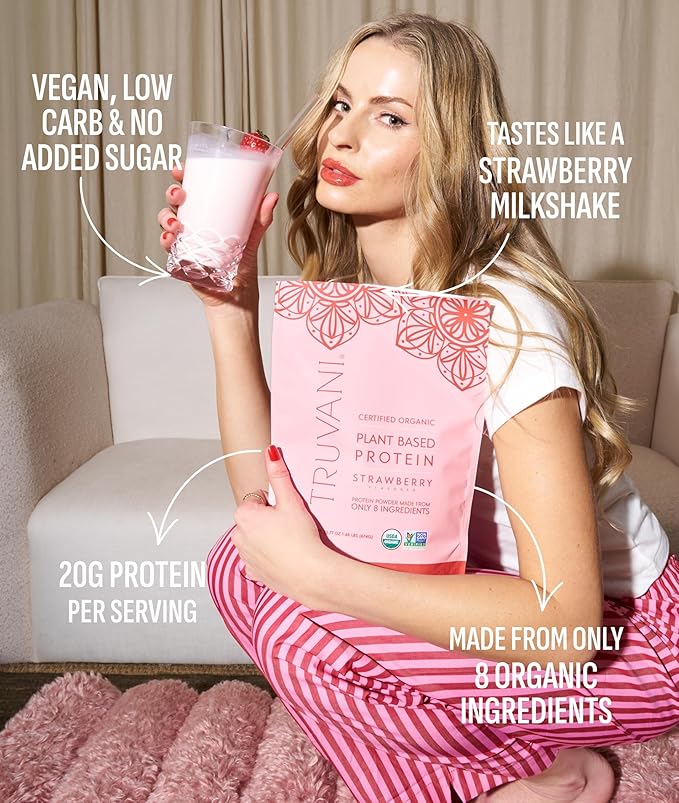 Truvani Vegan Pea Protein Powder | Strawberry | 20g Organic Plant Based Protein | Single Serving Travel Packets | 10 Servings | Keto | Gluten &amp Dairy Free | Low Carb | No Added Sugar