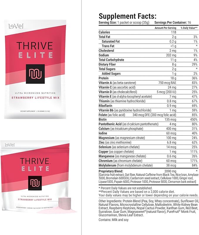 Le-Vel Thrive Elite Protein Shake | Gluten-Free Protein Blend with BCAAs Probiotics &amp Enzymes |16 Servings - Single Packets Strawberry