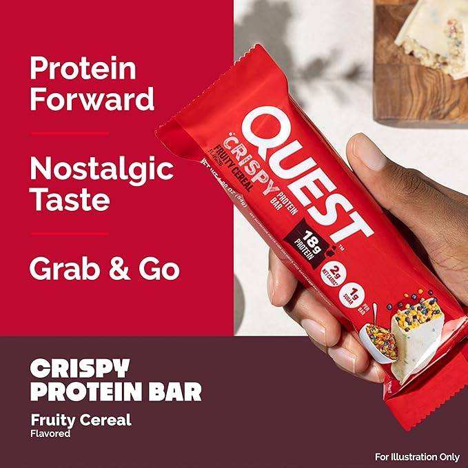 Quest Nutrition Crispy Protein Bar Fruity Cereal Flavor 18g Protein 1g Sugar 2g Net Carbs Low Sugar 12 Count