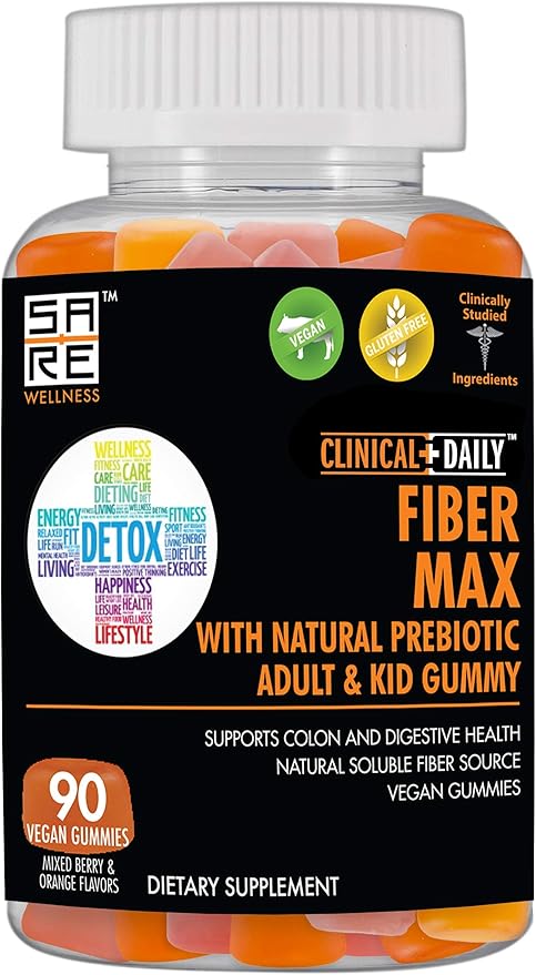CLINICAL DAILY Fiber Max Vegan High Fiber Gummies for Adults &amp Kids. Constipation Relief for Adults and Kids. Prebiotic Inulin Fiber Supplement Gummies. 90 Gluten-Free Laxative Gummies for Gut Re