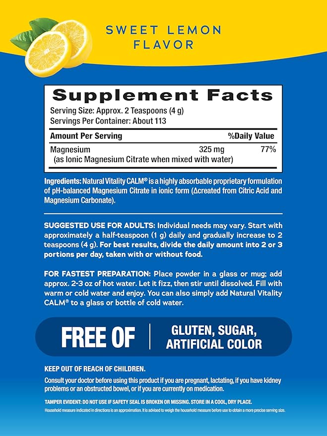 Natural Vitality Calm Magnesium Supplement Anti-Stress Drink Mix Powder Gluten Free Vegan &amp Non-GMO Sweet Lemon 16 oz