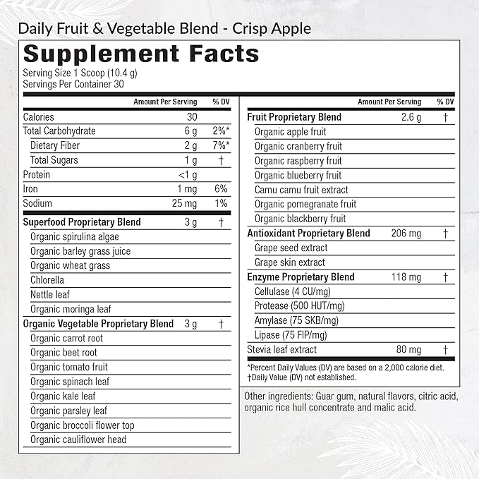 Equilife Daily Fruit &amp Vegetable Blend Superfood Antioxidant Supplement Crisp Apple Flavor with Vitamin C Fiber and 9 Essential Amino Acids Supports Energy Low Sugar Vegan 30 Servings Tub
