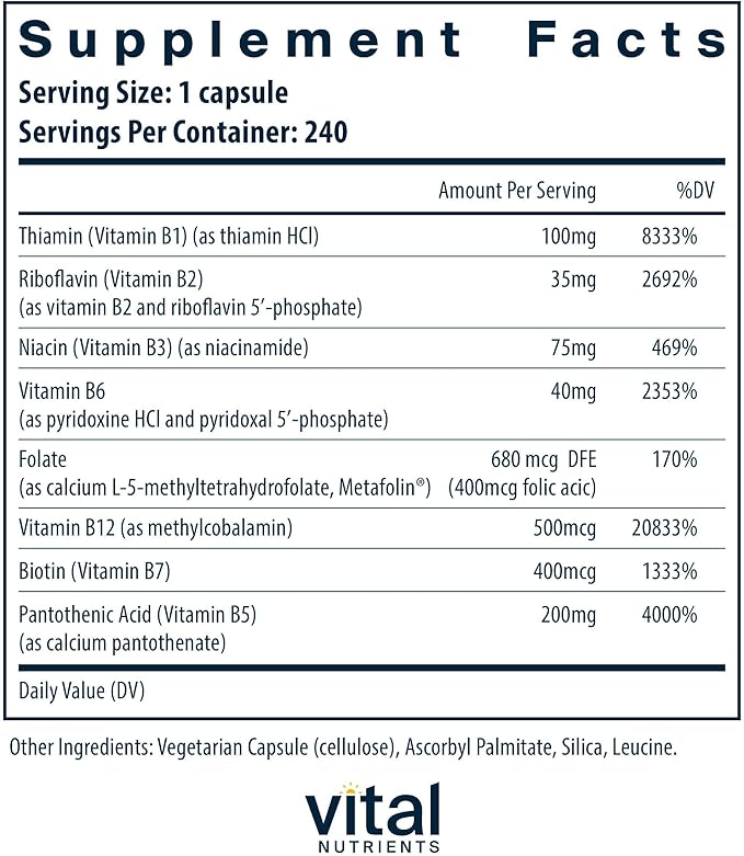 Vital Nutrients Vitamin B-Complex - Vegan High-Potency Methylated B Complex Vitamins - B Vitamins Support Energy Production Metabolism and Heart Health* - Gluten Dairy Soy Free - 240 Capsules