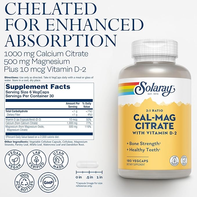 Solaray Calcium Magnesium Citrate 2:1 Ratio - Calcium Supplements for Women and Men w/Magnesium and Vitamin D 2 - Bone Health Muscle and Nerve Support - Vegan 60-Day Guarantee 30 Serv 180 VegCaps