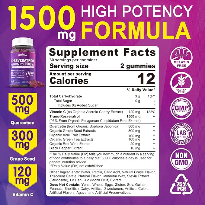 Resveratrol Supplement 1500mg - Resveratrol Gummies Supports NAD⁺ NMN &amp NMNH Synergy with Quercetin Grape Seed Acai Berries Extracts for Antioxidant Healthy Aging &amp longevity Skin Brain