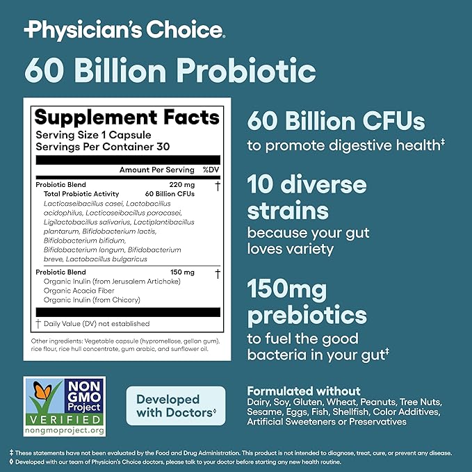 Physician's CHOICE Advanced Gut Health Bundle: 60 Billion Probiotics 30ct + Digestive Enzymes 60ct for Digestive Gut and Immune Health Supports Occasional Constipation Diarrhea Gas and Bloating
