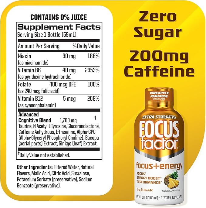 Focus Factor Extra Strength Focus + Energy Shots - 12 x 2oz Bottles (Pineapple Paradise Flavor) - Powered by Nootropics with Caffeine L-Theanine Ginkgo Bacopa L-Tyrosine Alpha GPC