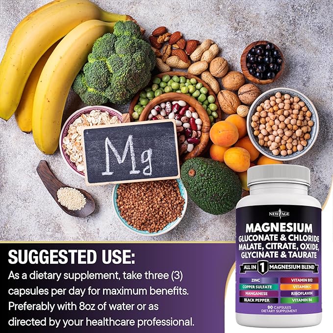 NEW AGE Magnesium Supplement -Powerful Glycinate Citrate Malate Oxide Taurate Aspartate Gluconate Orotate &amp Mag Chloride Manganese Bone Health and Bone Strength Joint Support - 90 Count
