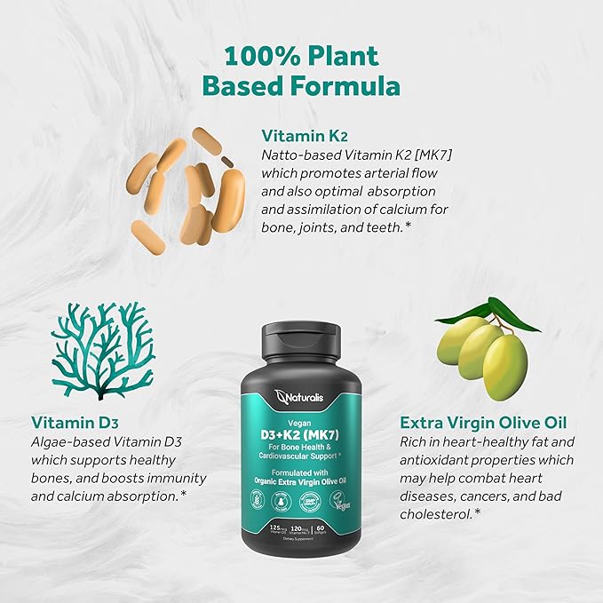 Naturalis Vegan Vitamin D3 + K2 from Algae | 5000iu Vitamin D with 120mcg MK7 Vitamin K | Vegan Society Certified Sustainably Sourced Better Than Animal Derived | 60 Veggie Softgels