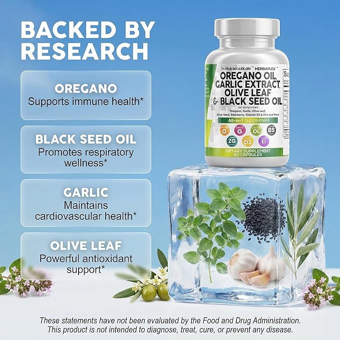 Clean Nutra Oregano Oil with Black Seed Oil Garlic Olive Leaf Extract - Oil of Oregano Capsules Immune Support Carvacrol &amp Thymoquinone Supplement for Women and Men + Elderberry Vitamin D3 &amp Z