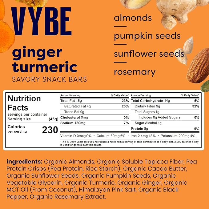 Vybe Snacks Savory Nutrition Bars Turmeric Ginger Flavor | Plant Based Vegan Zero Added Sugar Gluten Free Keto Friendly No Artificial Ingredients Organic 8-9 gm Protein &amp Gut Friendly Fiber