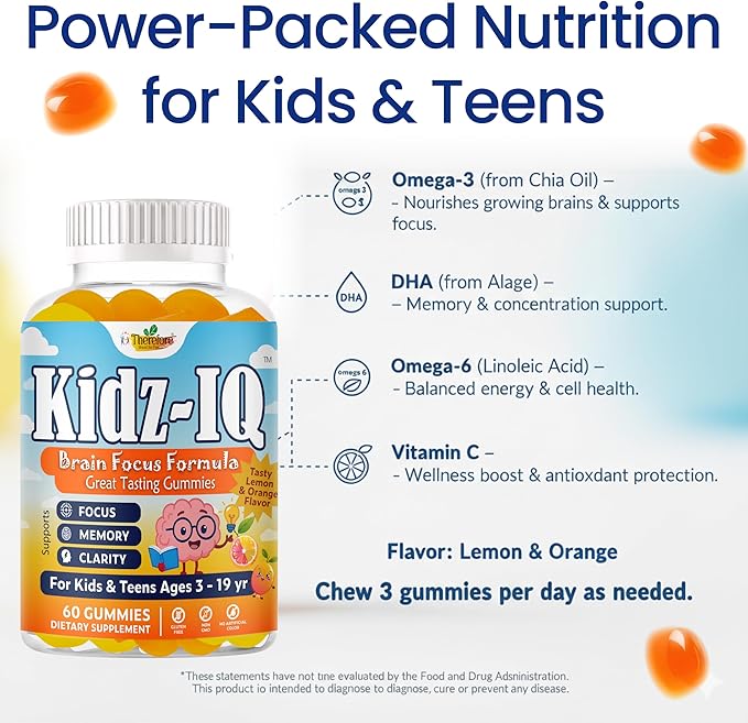 Kidz IQ Focus Gummies for Kids &amp Teens Omega 3 DHA Brain Vitamins for Kids Brain Supplements for Memory and Focus Orange Flavor Non-GMO Gluten-Free – 60 Gummies