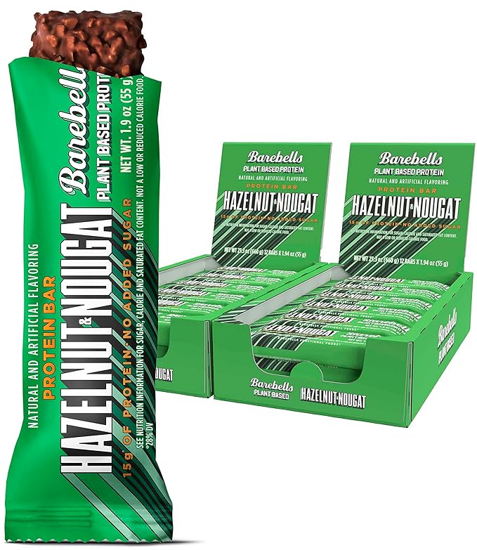 Barebells Vegan Protein Bars Hazelnut &amp Nougat - 12 Count Pack of 2 - Plant Based Protein Bar with 15g of High Protein - Chocolate Protein Snacks with 1g of Total Sugars - On The Go Breakfast Bar
