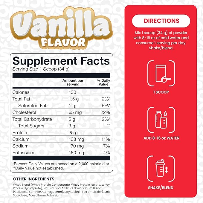 Whey Protein Powder 25g Protein Complete Amino Acid Profile Gluten-Free Low Fat RBST-Free Supports Muscle Recovery &amp Antibody Health
