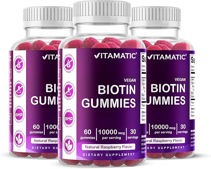 Vitamatic Biotin Gummies 10000 mcg for Stronger Hair Skin &amp Nails - 60 Vegan Gummies - Also Called Vitamin B7 (3 Bottles)