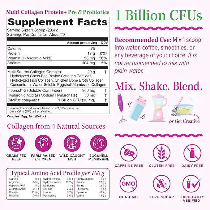 Multi Collagen Probiotics for Women Prebiotics Protein Powder | 20g Collagen Peptides Hyaluronic Acid Vitamin C &amp Fibersol Prebiotic Support Skin Elasticity Digestion Gut Health Unflavored 20 Serv