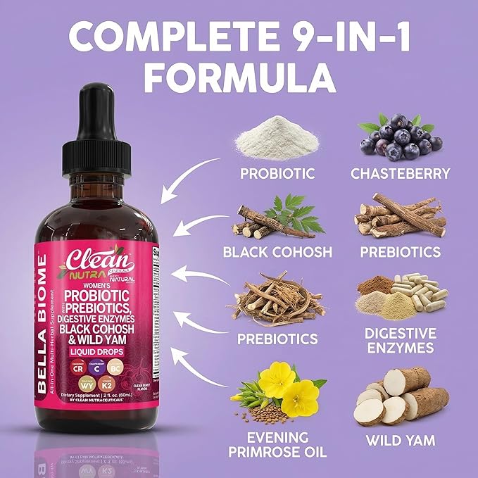 Liquid Probiotics for Women Drops with Chasteberry Black Cohosh Prebiotics Digestive Enzymes Evening Primrose Oil Wild Yam Cranberry Dmannose and Iron Vitamin D3 K2 Clean Nutra Bella Biotics