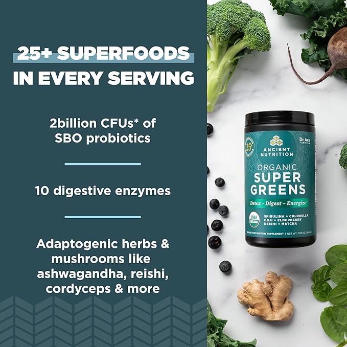 Ancient Nutrition Bone Broth Protein Powder Pure 20 Servings + Organic Supergreens Powder Greens Flavor 25 Servings