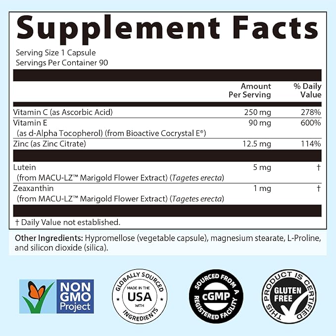 Eye Vitamin-Contains Zinc Vitamins C E Lutein and Zeaxanthin to Support Eye Fatigue Exposure to Blue Light From Electronics Presbyopia Nearsightedness Dry Eye and Vision Health-90 Capsules