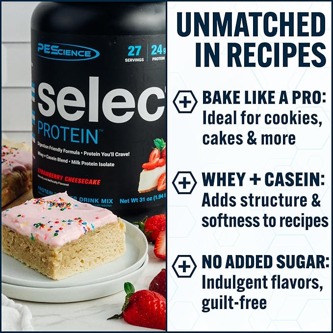 PEScience Select Protein Powder Whey and Casein Blend Gluten Free Low Carb Protein Powder for Women and Men Low Calorie Keto Friendly - Strawberry Cheesecake 27 Servings