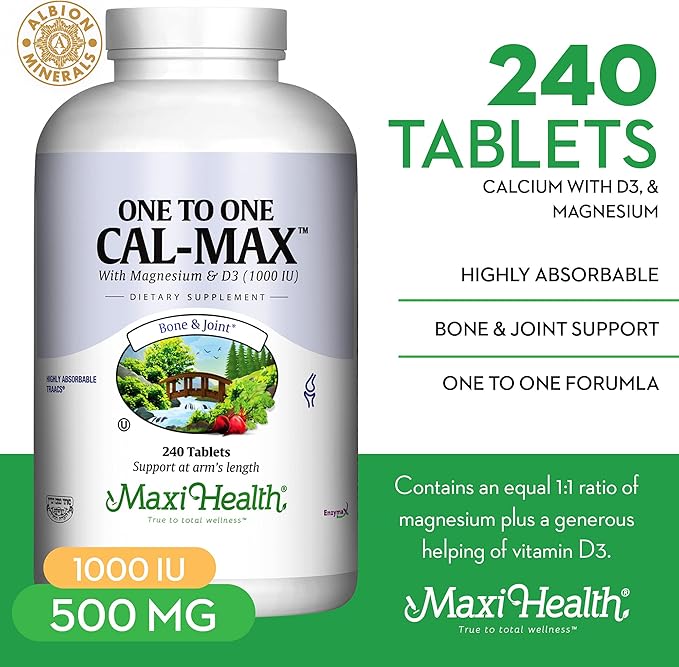 Maxi Health 500 mg Calcium Supplement with Vitamin D3 (1000 IU) and Magnesium (500 mg) - Bone Teeth and Joint Support for Men and Women - 240 Tablets