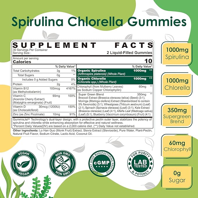 Sugar Free Organic Spirulina Chlorella Gummies 1 Pack + Vitamin C + D3 + Zinc Gummies 2 Pack