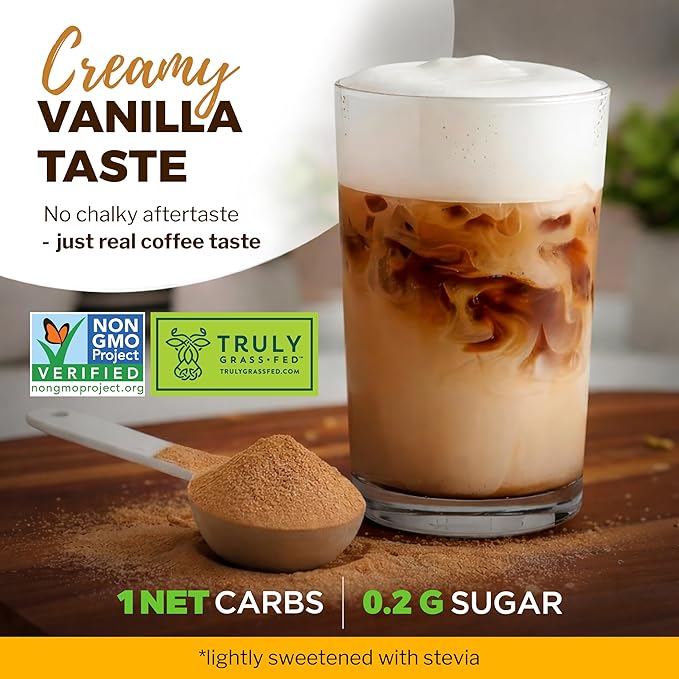 MariGold High Protein Coffee - Iced Vanilla Latte 20g Grass-Fed Whey Protein Isolate Energy &amp Workout Boost 2 Shots Organic Espresso Non-GMO 1 Net Carb 1 Lb Bag 15 Servings