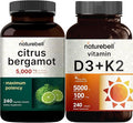 NatureBell Vitamin D3 5000iu with K2 MK-7 100mcg Softgels &amp Citrus Bergamot Veggie Capsules 5000 mg Equivalent Bundle Pack | Bioavailable Virgin Coconut Oil Softgels | High Antioxidant Level
