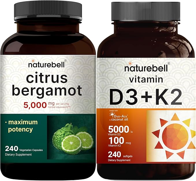 NatureBell Vitamin D3 5000iu with K2 MK-7 100mcg Softgels &amp Citrus Bergamot Veggie Capsules 5000 mg Equivalent Bundle Pack | Bioavailable Virgin Coconut Oil Softgels | High Antioxidant Level