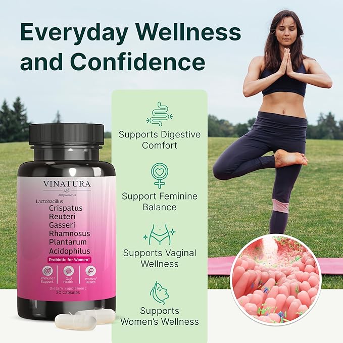 VINATURA Lactobacillus Rhamnosus Reuteri Gasseri Plantarum Crispatus Acidophilus Probiotics - Probiotics for Women *USA Made &amp Tested* Women Vaginal Health Gut and Digestive Health - 30 Caps