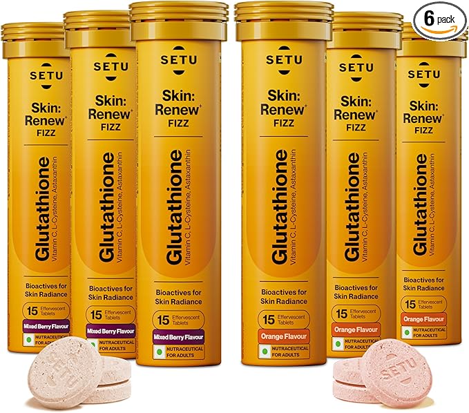SETU Glutathione Effervescent Tablets with 500mg L-Glutathione &amp Vitamin C | Sugar-Free Antioxidant Supplement | Mixed Berry &amp Orange (Pack of 6) | 90 Tablets