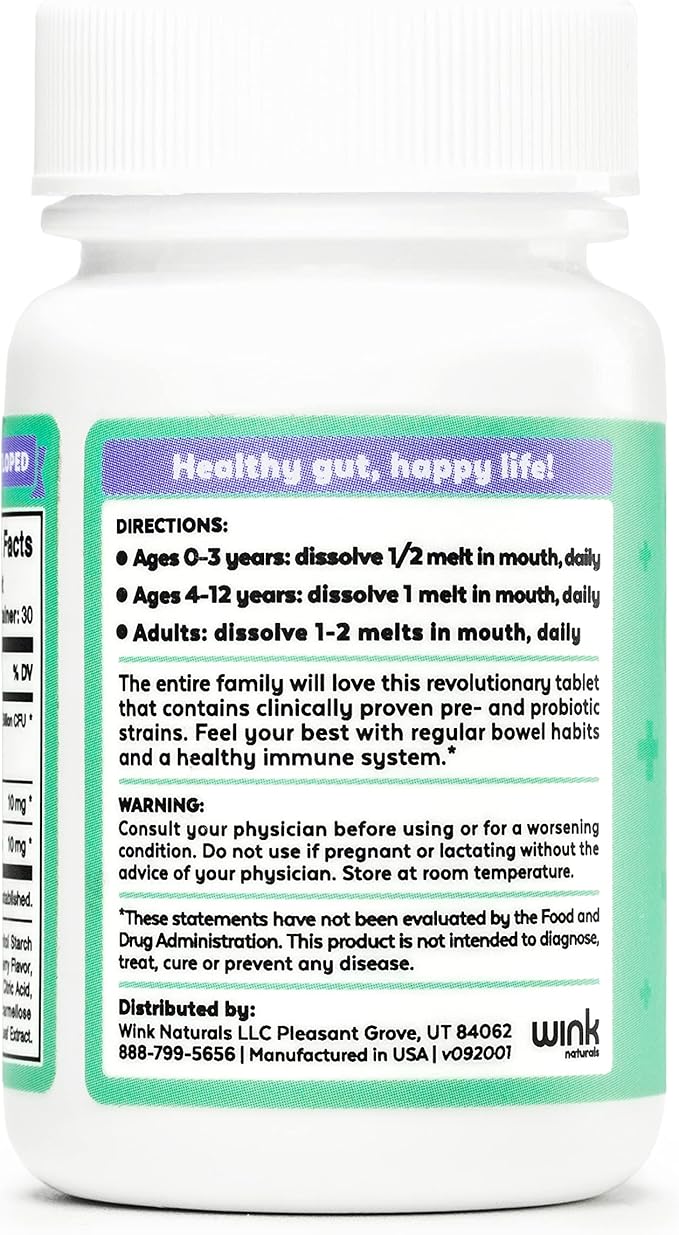 Wink Well Prebiotics and Probiotics Immune System Booster Dietary Supplement for Digestive Health Bloating Relief and Support- for Kids and Adults (Huckleberry Flavor 30 Melts)