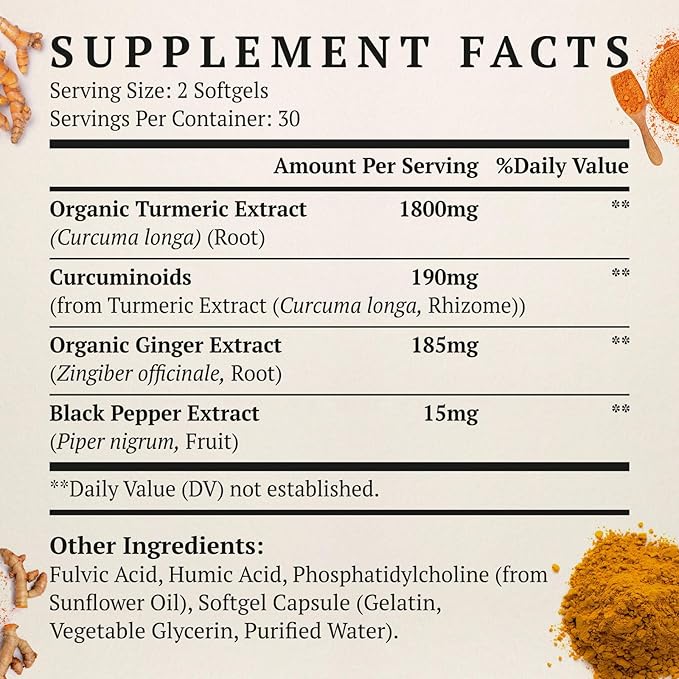 Liposomal Turmeric Curcumin Supplement 2000mg 95% Standardized Curcuminoid Extract &amp Organic Root Powder with Piperine Black Pepper Fruit (15mg) 60 softgels