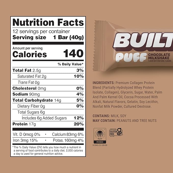 BUILT Bar Puff Protein Bars - Chocolate Milkshake - 17g Protein Snack Bars with Collagen - Calorie Conscious &amp Gluten Free - 12 Count