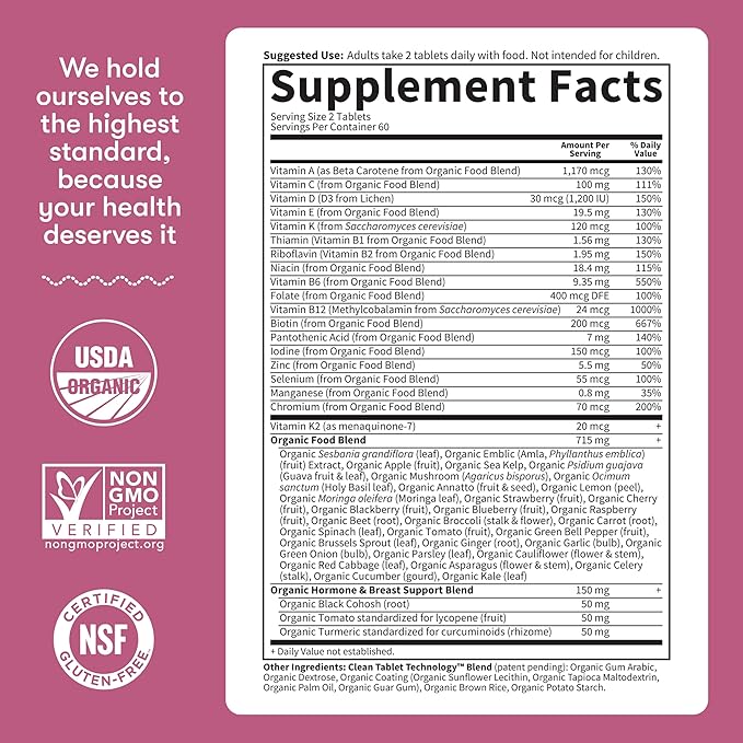 Garden of Life Multivitamin for Women 40 Plus Organics Womens Vitamins Hormone &amp Breast Health Support Blend Vegan 120 Tablets
