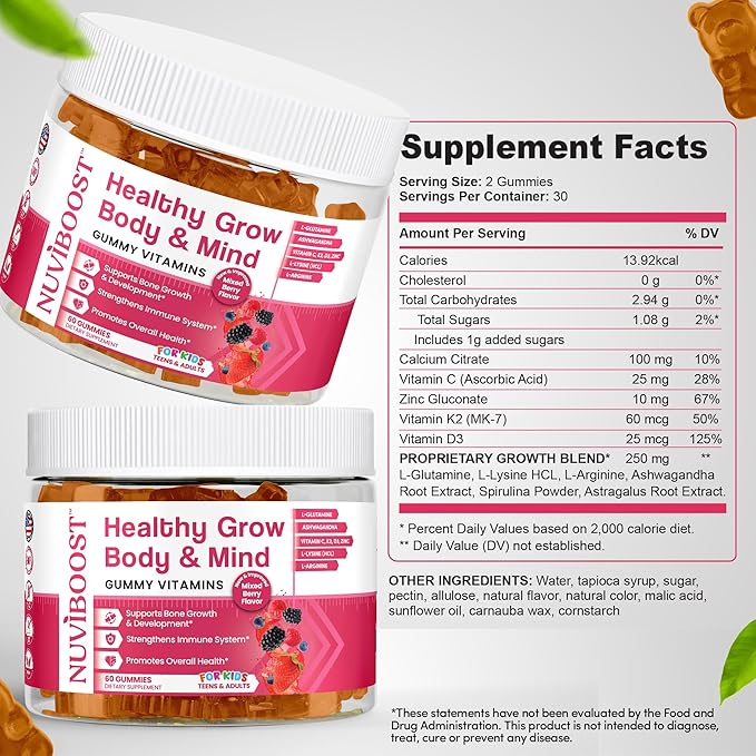 Healthy Grow Height Growth Gummies Rich in Calcium Vitamins C D3 K2 L-Arginine Ashwagandha and Others Boost Bone Health &amp Immunity Multivitamin for Kids 5+ Teens and Adults.