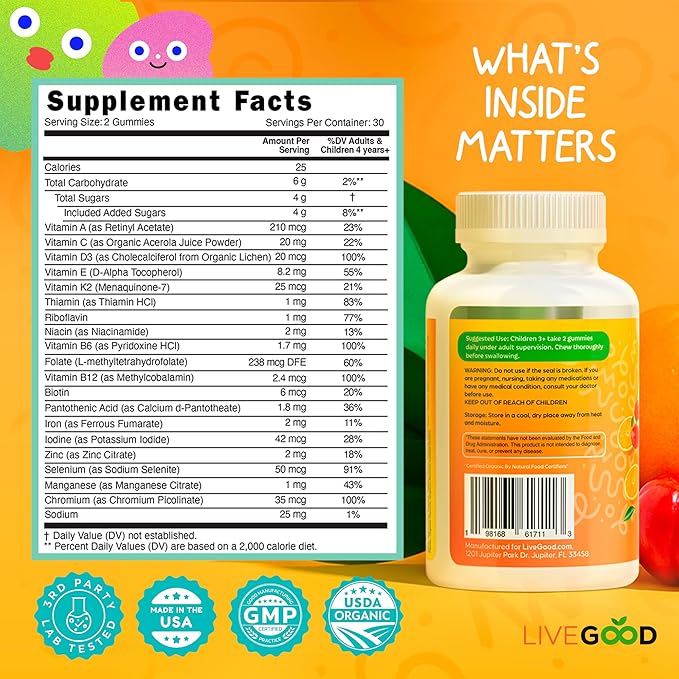 LIVEGOOD Organic Children’s Multivitamin Gummies Kids Multivitamin Vitamin D for Toddlers and Children Organic Kids Chewable Vitamins for Immunity Growth and Energy (60 Count)